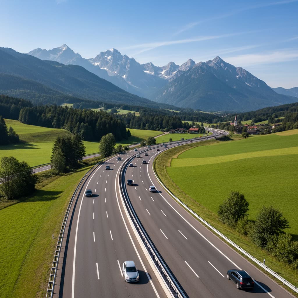 Moderne österreichische Autobahn durch grüne Landschaft
