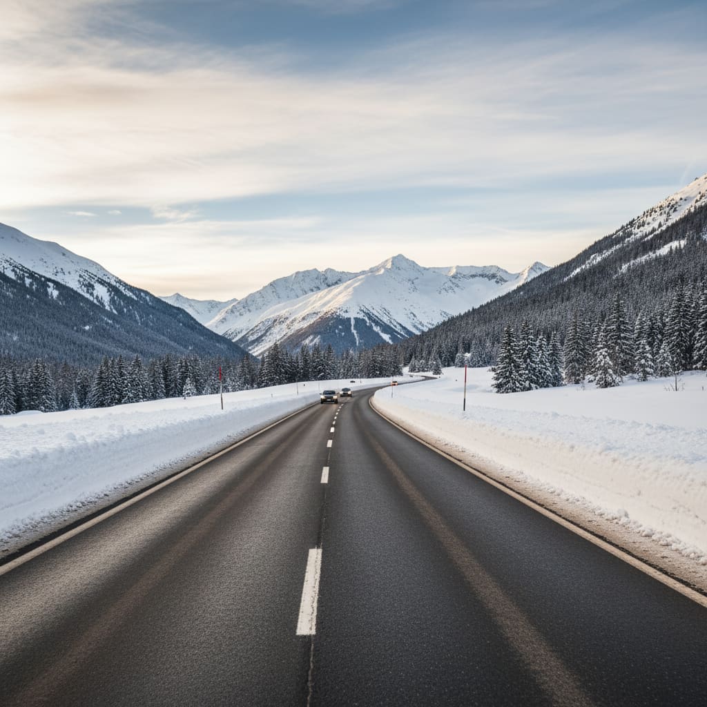 Winterliche österreichische Straße mit geräumtem Asphalt